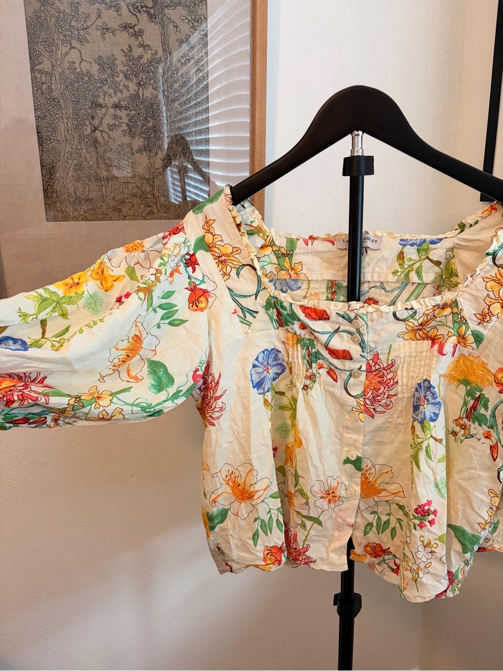 Laura Ashley Linen Blend White Floral Peasant Blouse with Multicolor Blooms